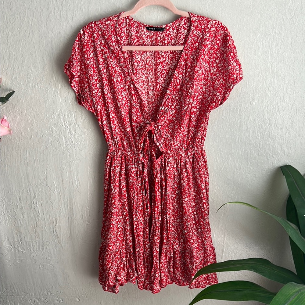 Vibrant Red Floral Tie-Front Dress